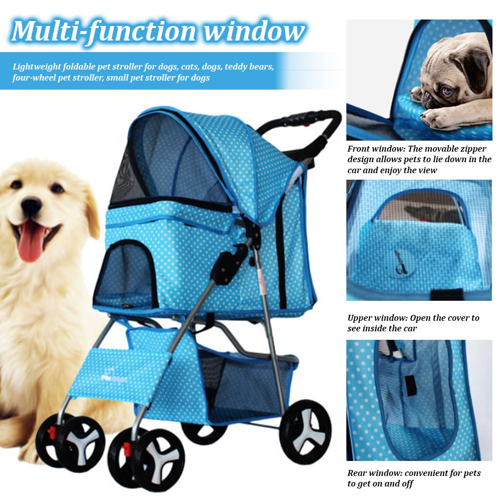 LWWJJ Pet Stroller 4 Wheels, Multifunction Dog Cat Jogger, Folding Lightweight Travel Stroller with Detachable Carrier & Cup Holder for Small/Medium Dogs and Cats, Navy Blue
