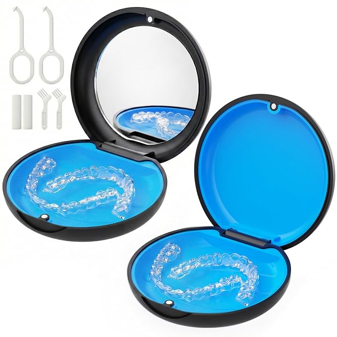 2 Pack Retainer Case (1 with Mirror + 1 Standard), Portable Travel Accessory Kit - Black
