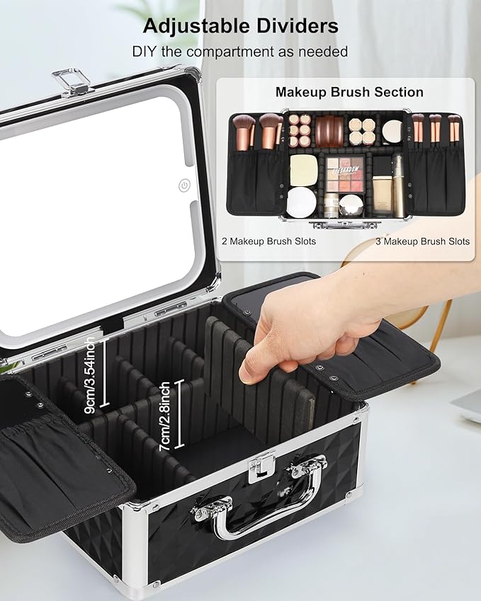 Relavel Makeup Bag with LED Mirror, Makeup Box Travel Train Case with Rechargeable Lighted Mirror, Cosmetic Brush Organizer Storage for Makeup Artists Gifts for Women and Girls (Black Quilted, Small)