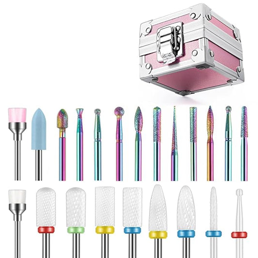 Depvko 21Pcs Nail Drill Bits Set with Portable Pink Case, 3/32 Inch Drill Bits for Nails, Ceramic Diamond Carbide Cuticle Nail Bits effile Remover Bits bits for Home Salon Acrylic Gel Nail Polish