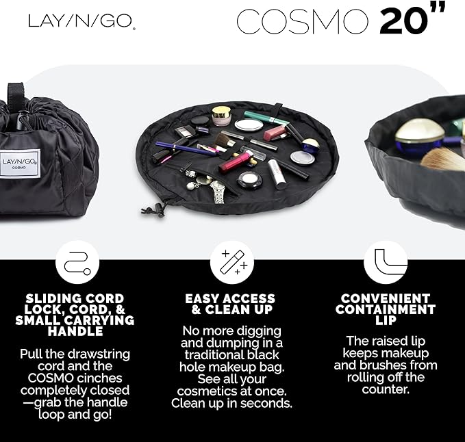 Lay-n-Go Cosmo Drawstring Cosmetic & Makeup Bag Organizer - Portable Drawstring Makeup Bag w/Zipper Pocket, Makeup Loops & More - Durable, Machine Washable Toiletry Bag (20", Blue Snakeskin)