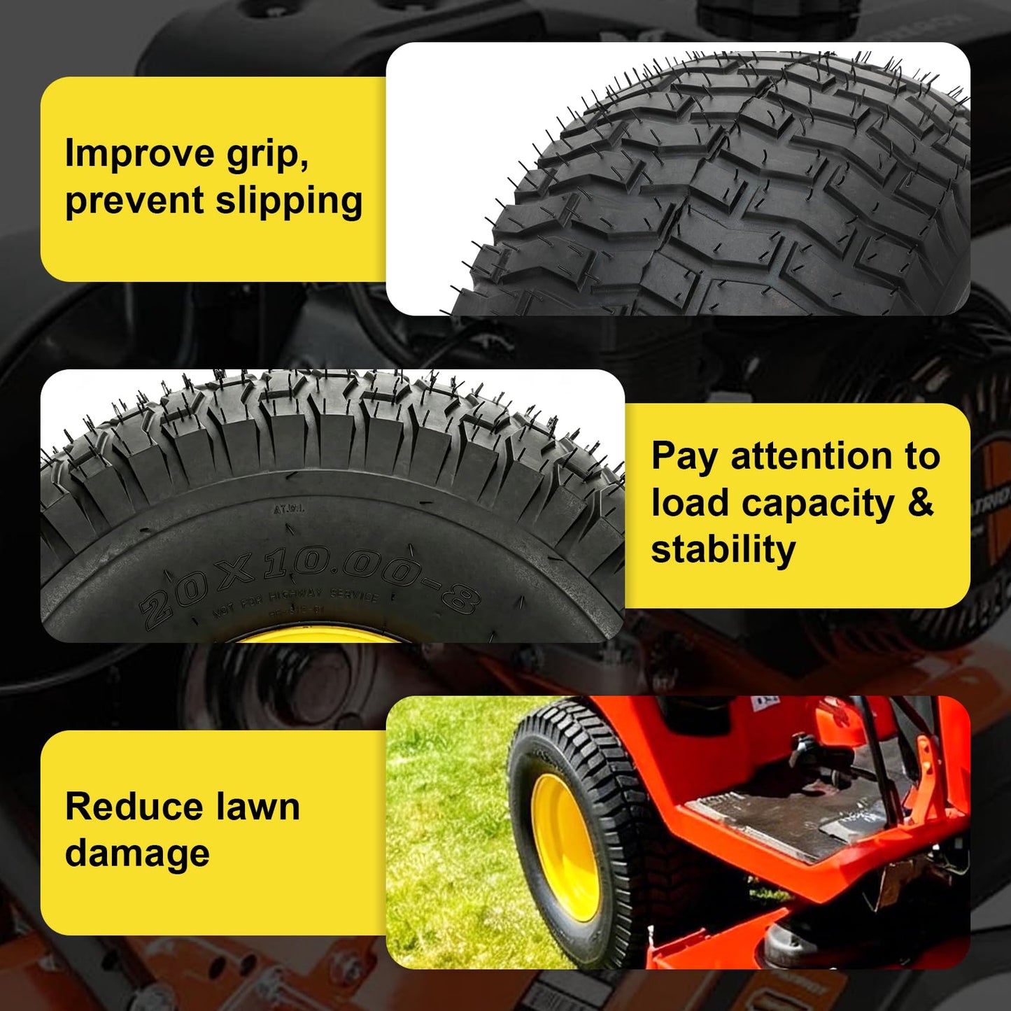 2Pcs 20x10.00-8 Lawn Mower Tires, Rear Tire and Wheel Assemblies for Riding Lawn Mowers, 4-Ply Tubeless Turf-Friendly Tires with 3/4" Borehole, 3.5" Offset Hub and 3/16" Keyway, 1190LBS Load Capacity