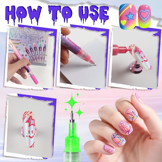 24 Color Nail Art Pens, Classic & Neon Nail Markers Set 0.5 MM Fine Tip Nail Polish Pens Drawing Painting Point Liner Painted Pen Kit, Waterproof DIY Nails Art Design Manicure Tools