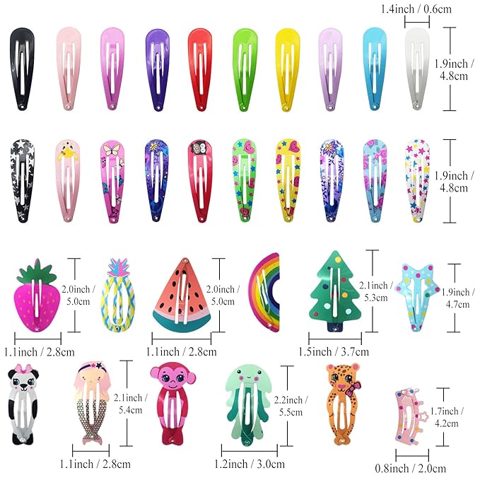 Funtopia Hair Clips for Girls,100 Pcs No Slip Metal Snap, Barrettes for Kids Teens Women, Cute Candy Color Cartoon Design Hair Pins (Animals Fruits Crowns Stars)