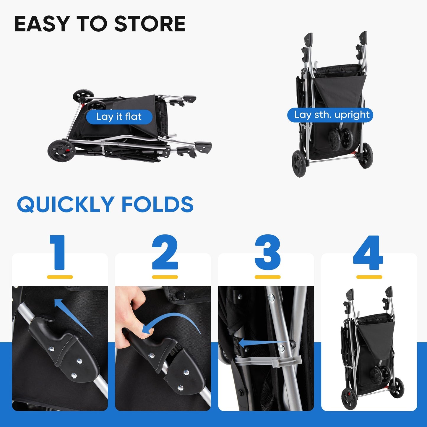 NEWBULIG Pet Stroller for Dogs, Cats Stroller with 3 Wheel, Foldable, Lightweight and Durable, Ideal for Small to Medium Pets, Includes Storage Basket and Cup Holders, Black