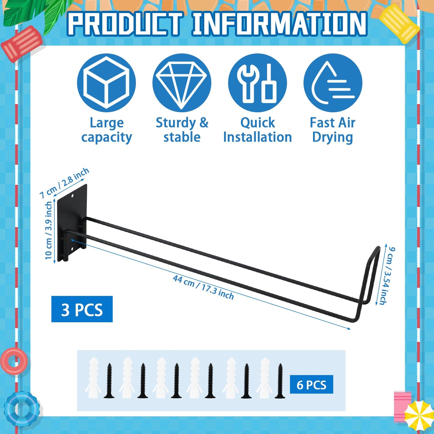 MUOUAKATE 3 Pcs Pool Float Storage Holder, 17.3 Inch Wall Mount Pool Float Organizer Storage Rack with Hangers for Swimming Ring, Towel, Tools & More Storage Indoor Outdoor Space-Saving