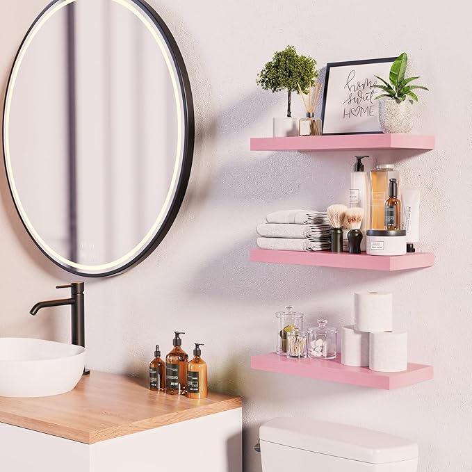 BAYKA Pink Floating Shelves for Wall Set of 3, 15.7in Wood Wall Shelves for Bathroom, Bedroom, Living Room Decor Organize, Hanging Shelf for Books/Storage/Display with 22lbs Capacity