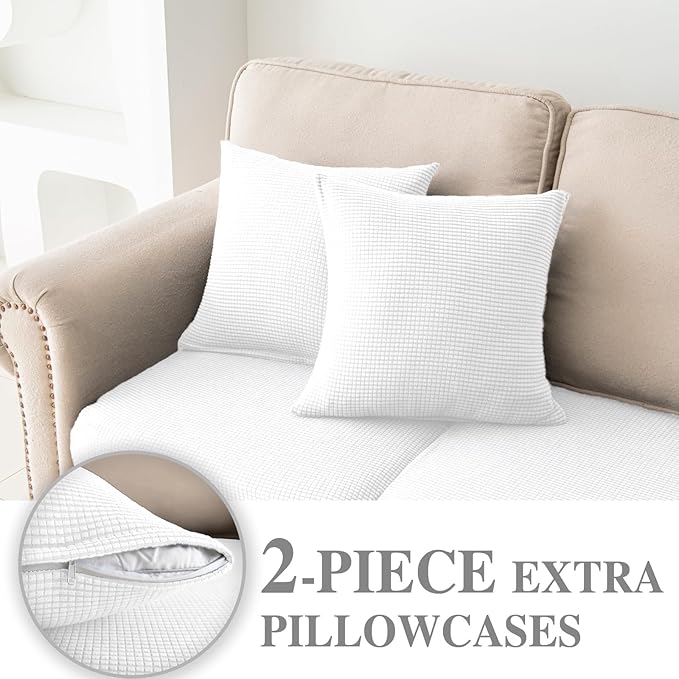 Couch Cushion Covers for Sectional Sofa L Shape Washable Separate Seat Chaise Couch Cover Stretch Sofa Slipcovers with 2 Pcs Pillowcases(3 Seater + 1 Chaise, White)
