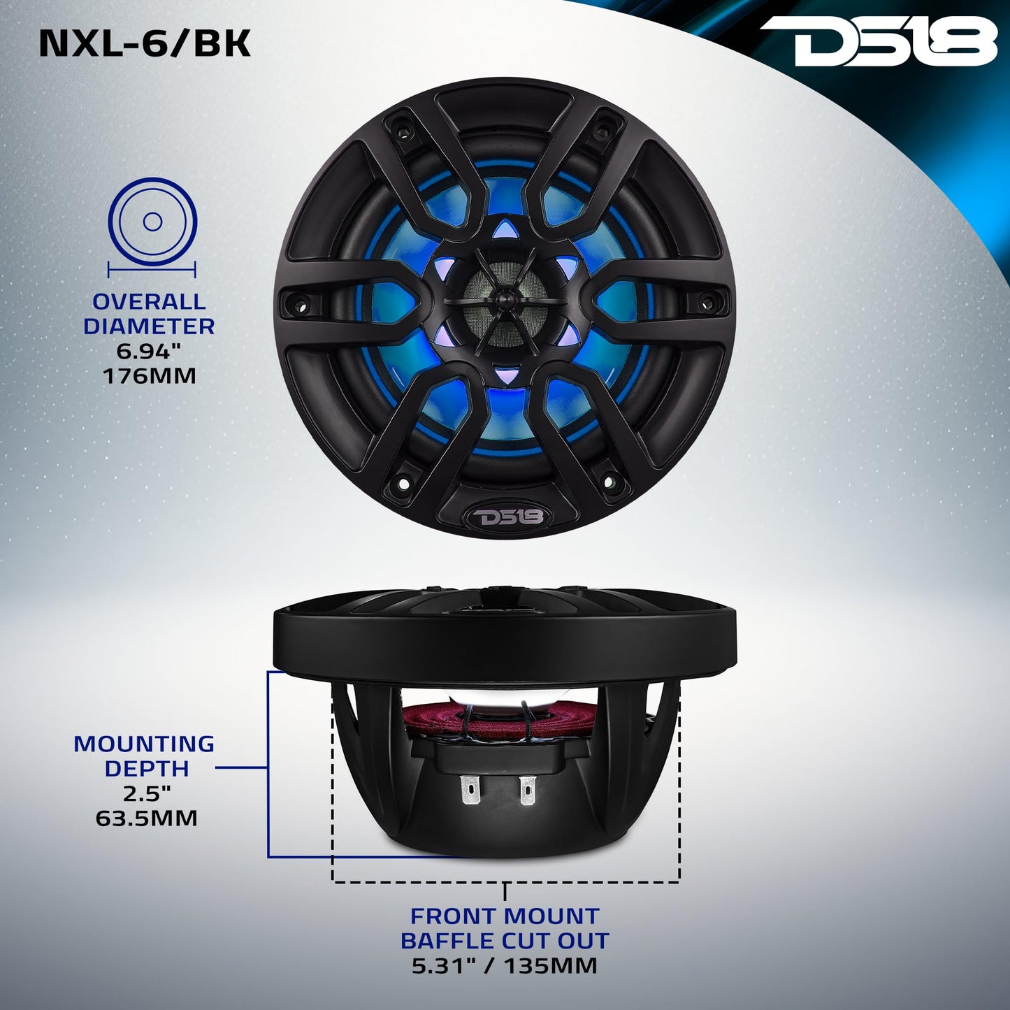 DS18 HYDRO NXL-6 - High End Coaxial Speaker Pair - 2-Way Marine Speaker w/Integrated RGB Lights - 300 Watt - 100% UV Stable - Water Resistant Speakers - 6.5 Inches, Black