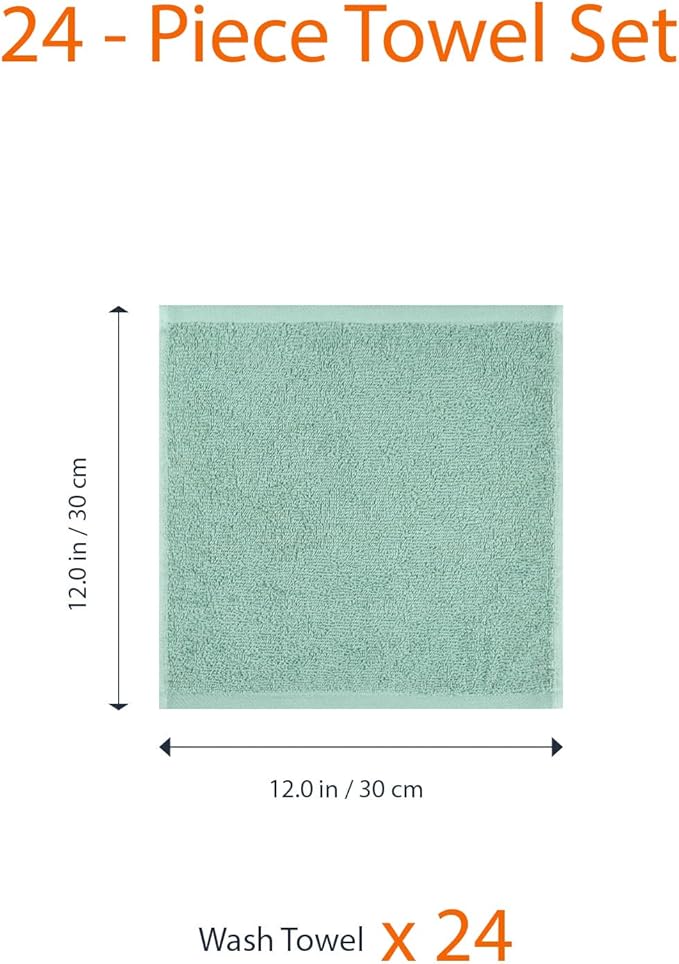 Amazon Basics Highly Absorbent, Fast Drying 100% Cotton Washcloths for Bathroom, Machine Washable, 12 x 12 inches, Seafoam Green, 24-Pack