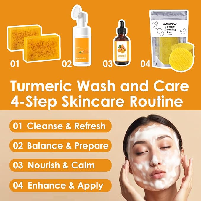 Turmeric Wash and Care Kit – Turmeric Face Wash with Brush, Exfoliating Facial Pads, Turmeric Oil and Cleansing Soap Bars– Jabon de Curcuma, Natural Skincare for Face & Body (4PC Set, Count, 4)