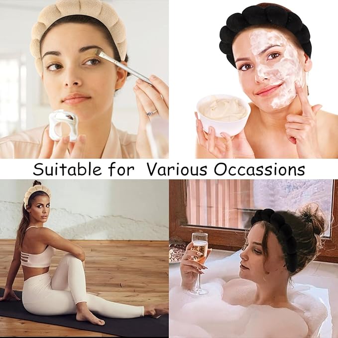 Chanaco Spa Headband - Sponge Hair Band for Washing Face Makeup, Skincare & Face Wash - Black, Khaki - Trendy Gift for Teen Girls & Women