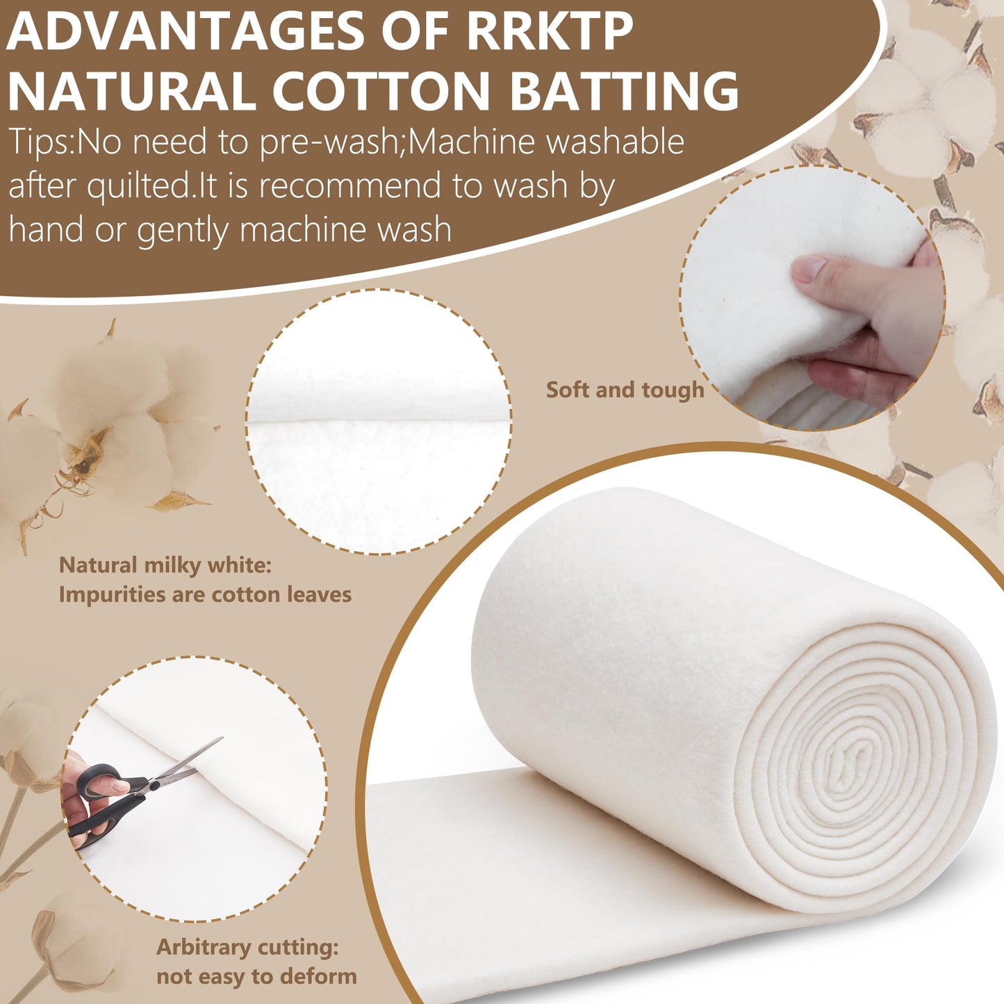 RRKTP Natural Cotton Batting for Quilting,36" x 10 Yards Batting for Quilts, Microwave Safe for Bowl Cozies,Cotton Lightweight Lining for Potholders Quilting, Batting for Sewing Handmade Quilts&DIY