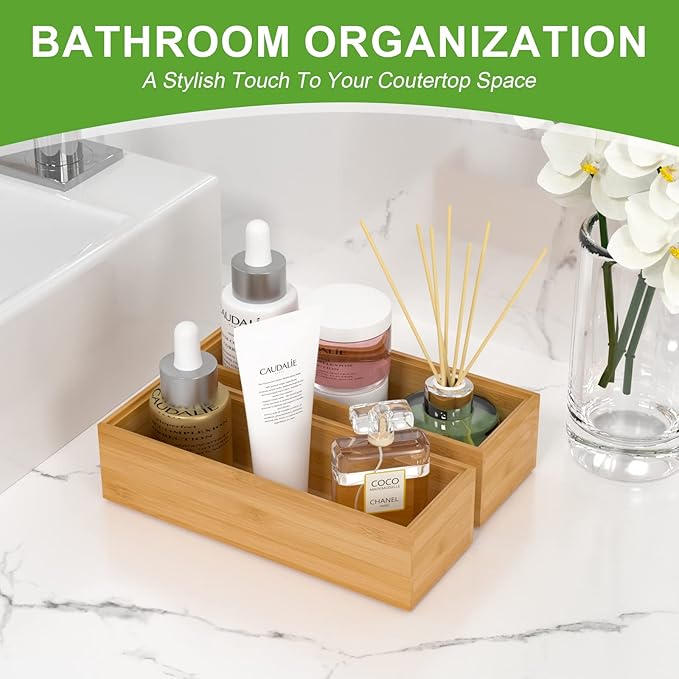 Lixple Bamboo Drawer Organizer Ã¢ÂÂ Set of 2 Stackable Storage Boxes, Silverware Tray & Small Gadget Holder for Kitchen Drawers, 9" x 3" x 2" (Outer), 8.3" x 2.3" x 1.77" (Inner)