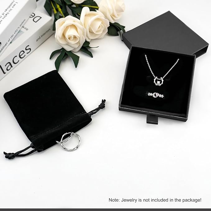 Quacc Small Jewelry Gift Box and Velvet Bag, Necklace Bracelet Earring Cardboard Organizer Square Jewellery Gift Box Pendent Storage Case for Birthday Xmas Christmas Wrapping (Black)
