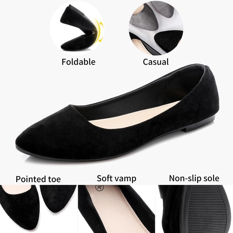 HEAWISH Women’s Black Flats Shoes Comfortable Suede Pointed Toe Slip On Casual Ballet Flats Dress Shoes Nude Flats(Black, US8)