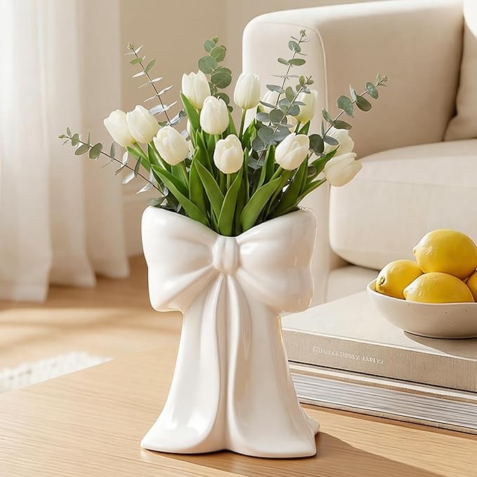Jingmore White Bow Vase Coquette Ceramic Vase Pen Holder Makeup Brush Holder Contemporary Design Decorative Women Gift Home Office Shelf Table Room (Medium, Elegant)