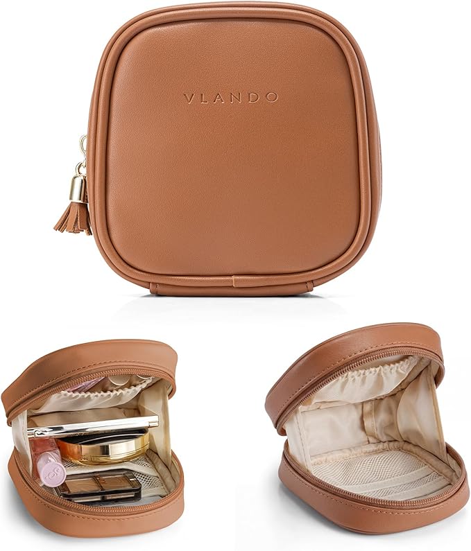VLANDO Mini Makeup Bag, Small Makeup Bag for Purse with Slip-in Pockets, Portable Travel Toiletry Bag with Zipper, Waterproof Travel Essentials for Women-Dark Brown
