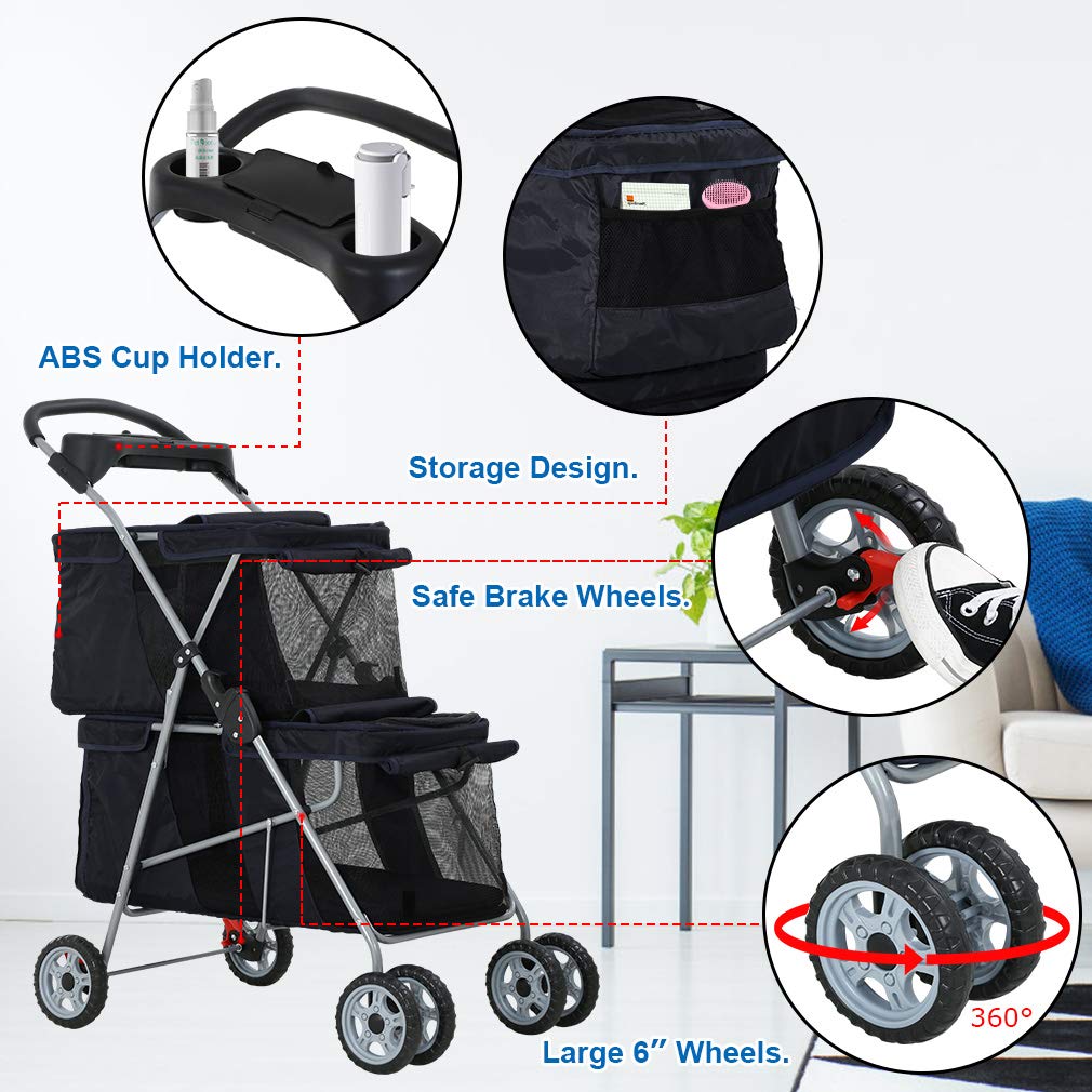 Dog Stroller Cat Pet Carriers for Small Medium Dogs Cats Travel Camping 4 Wheels Lightweight Folding Crate Stroller with Soft Pad (Black)
