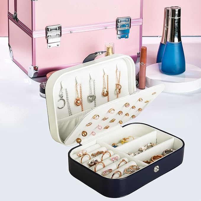 Hatori Travel Jewelry Box, PU Leather Small Jewelry Organizer for Women Girls, Portable Mini Travel Case Display Storage Holder Boxes for Stud Earrings, Rings, Necklaces, Bracelets (Blue)