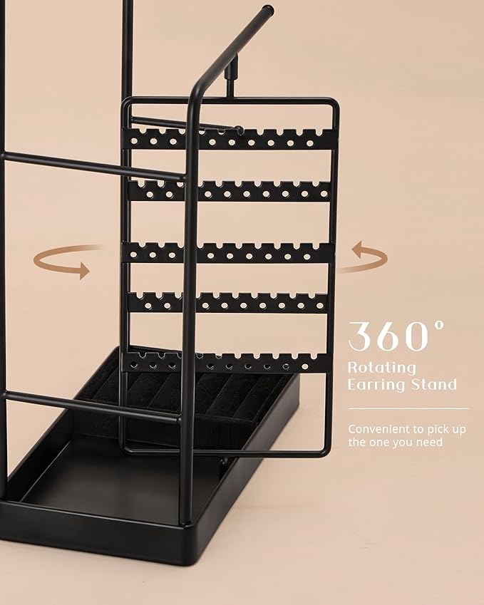 ProCase Jewelry Stand Holder Organizer, Jewelry Display Storage with Ring Tray, No-Assembly, Rotating Earring Bracelet Necklace Holder,Valentine's Gifts Room Dorm Decor for Teen Girls -Black