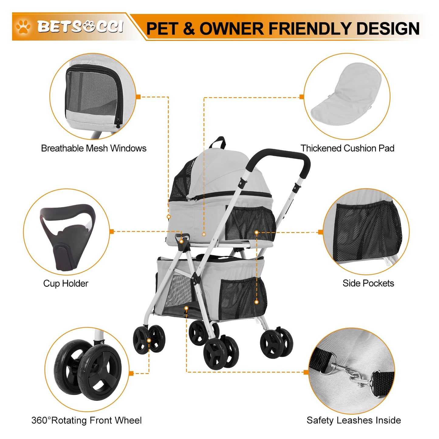 BETSOCCI Double Dog Stroller with 2 Detachable Carrier, Portable Pet Stroller for Small Dogs & Cats Folding Lightweight Puppy Travel Carriage, 4 Wheels, Grey