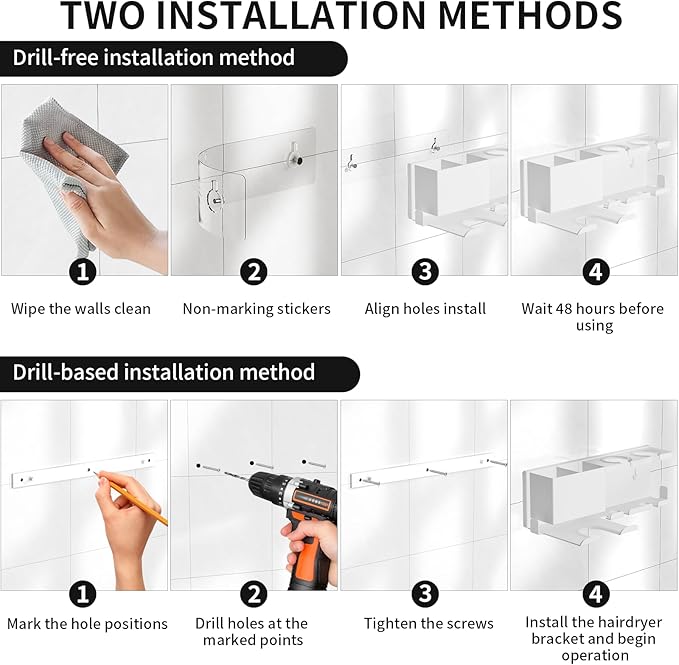 YSD Hair Dryer Holder Wall Mounted, Metal Hair Tools Organizer, Hair Dryer Holder for Blow Dryer, Curling Iron, Straightener, 3 in 1 Bathroom Hair Tool Organizer, White