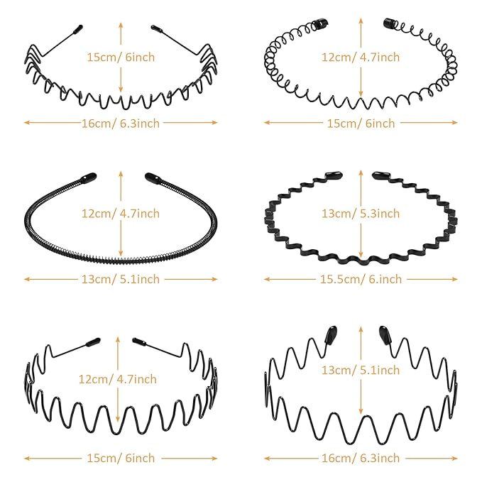 WantGor Metal Headbands, 6 Packs Fashion Unisex Black Hairband Spring Wave Non Slip Sports Headwear Hair Hoop Hair Accessories (8 Pack)