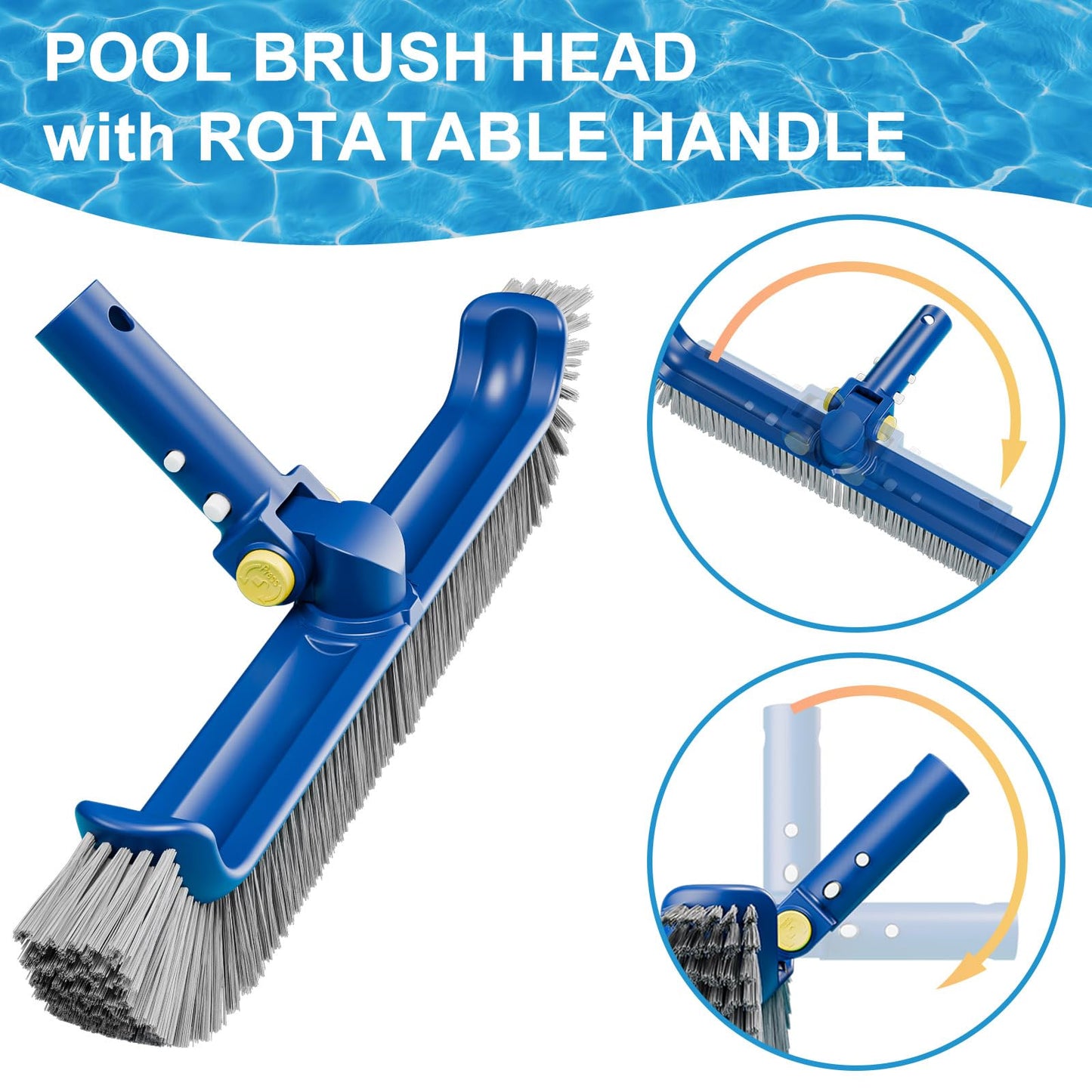 POOLAZA Pool Brush with Rotatable Handle,17.5" Pool Brush Head for Inground Pools, Above-Ground & Vinyl Pools, Heavy-Duty Pool Brushes for Cleaning Pool Walls