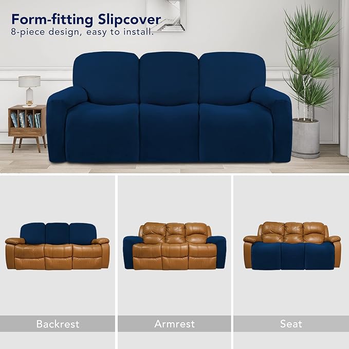 PureFit Super Stretch 3 Seats Recliner Chair Sofa Couch Cover with Pocket – Non Slip Soft Sofa Slipcover, Washable Spandex Reclining Furniture Protector for Kids, Pets (Recliner Sofa, Navy)