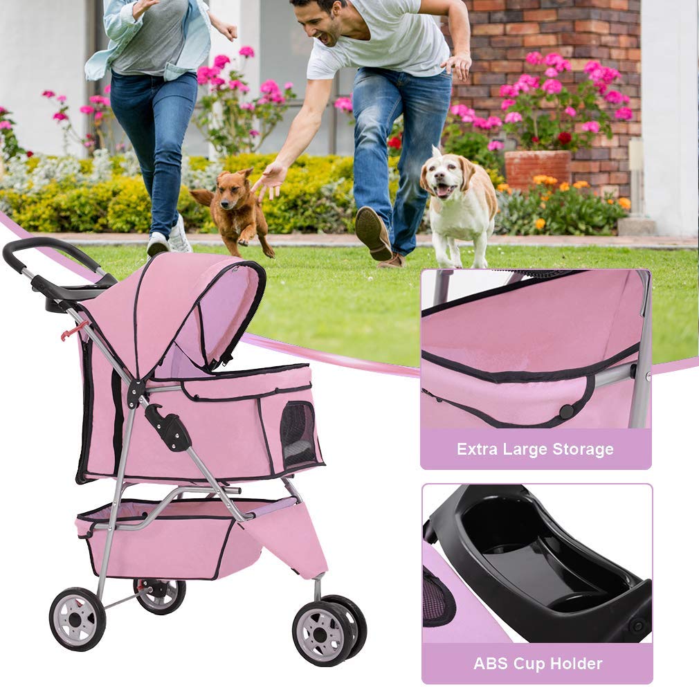 BestPet 3 Wheels Pet Dog Stroller Cat Cage for Medium Small Dogs Cats Travel Folding Carrier Waterproof Puppy Stroller with Cup Holder & Removable Liner,Pink