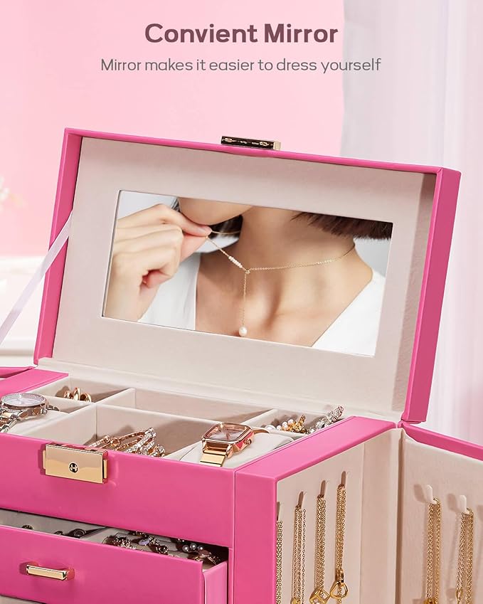 Homde Synthetic Leather Huge Jewelry Box Mirrored Watch Organizer Necklace Ring Earring Storage Lockable Gift Case (Pink + Gold)