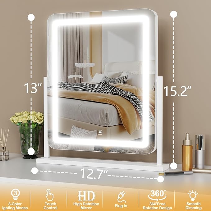 Lighted Makeup Mirror, Hollywood Vanity Mirror with Lights, Three Color Lighting Modes, and Detachable 10X Magnification Mirror, Smart Touch Control, 360°Rotation (15.2in. Gold)