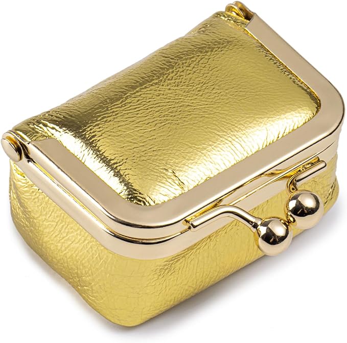 Genuine Leather Mini Jewelry Box, Small Portable Jewelry Organizer Box，Vintage-Inspired Travel Jewelry Case Organizer Kiss Lock for Women for Earring/Ring/Necklace/Bracelet (Golden S 2.56in)