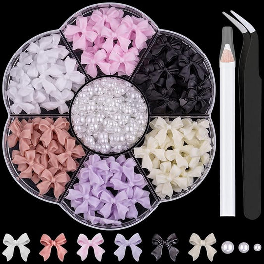 1 Box 3D Bow Charms & Flatback Pearls Set - 120 Pcs Cute Bow Charms in 6 Colors + 2-4mm White Nail Pearls with Pickup Tweezer & Pencil for Nail Art Decoration