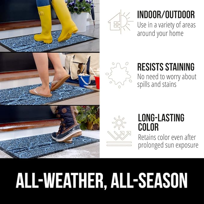 GORILLA GRIP 100% Waterproof All-Season WeatherMAX Doormat, US Designed Natural Rubber, Stain and Fade Resistant, Low Profile Indoor Outdoor Door Mats, Easy Clean Patio Mat, 17x29, Ocean Blue Waves