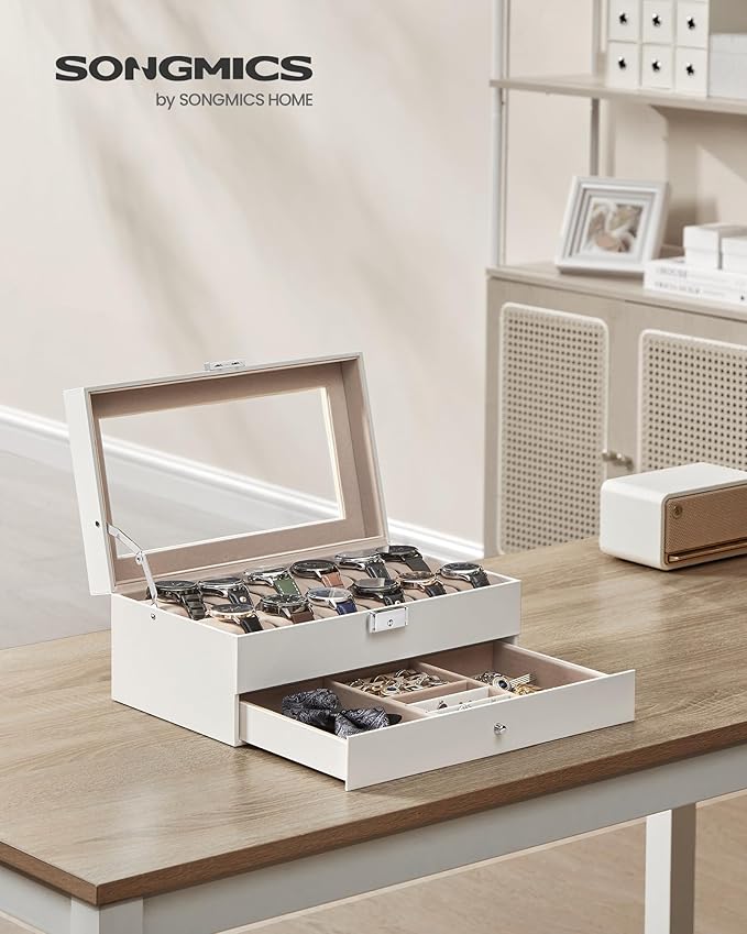 SONGMICS Watch Box, 12-Slot Watch Case Organizer with Large Glass Lid, 2 Layers, Removable Pillows, Metal Lock, Gift for Loved Ones, Cloud White Synthetic Leather, Cappuccino Beige Lining UJWB012W01