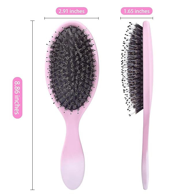 Boar Bristles Hair Brush for Women and Men, Detangling Hair Brush for Smoothing Massage Add Shine, Nylon&Boar Bristles Detangler brush for Hair Healthy (1 Pcs-Pink&White)