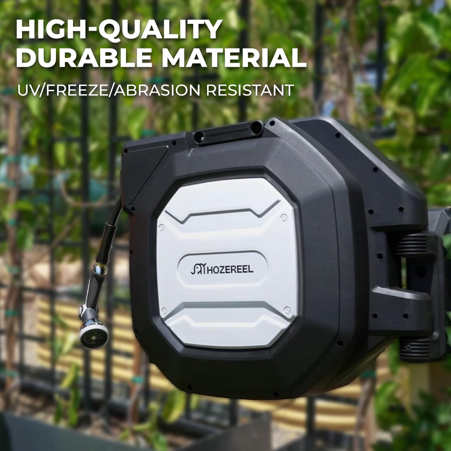 135 ft x 1/2" HOZEREEL Heavy Duty Retractable Garden Hose Reel, Garden Hose Reels Outdoor Organizer- Self Retracting Wall Mount Hose Reel Automatic Recoil Storage, Any Length Lock, 10 Pattern Nozzle