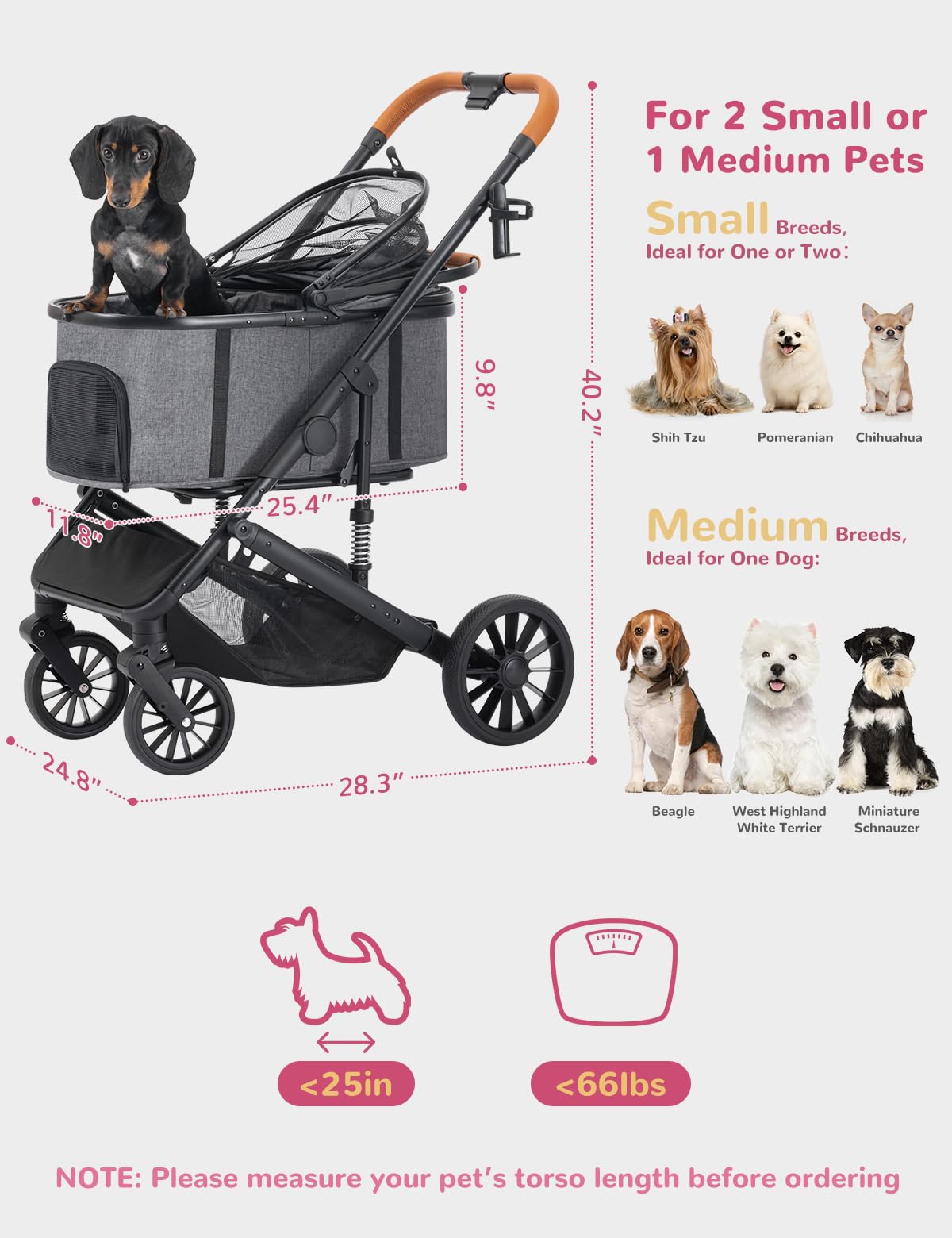 SUNTHX Dog Stroller for Small Medium Dogs Up to 60lbs, 4 Wheels Folding Pet Stroller with Detachable Carrier, Pet Travel Carrier for 2 Dogs & Cats, Storage Basket, Breathable, Grey