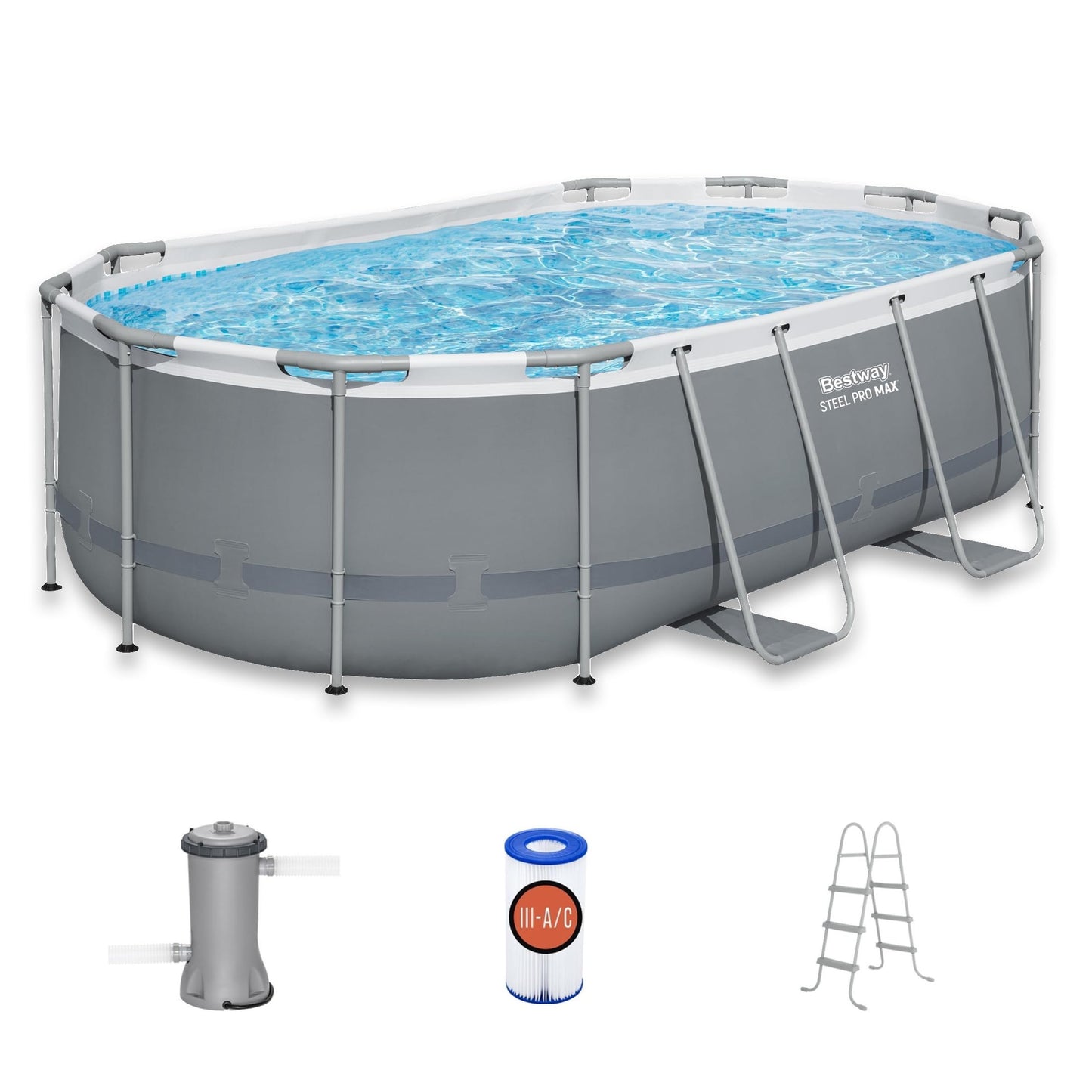 Bestway Steel Pro MAX 14' x 8'2" x 39.5" Oval Above Ground Swimming Pool Set, 530 GPH Filter Pump, Ladder, Tritech Puncture Resistant Liner, ClickConnect Steel Frame, Gray