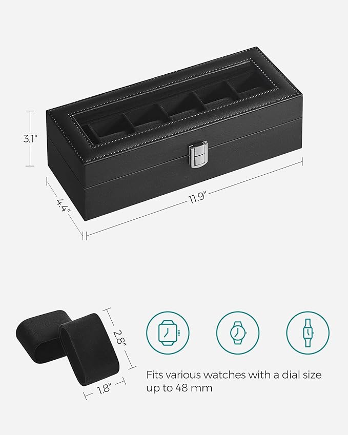 SONGMICS Watch Box, 6-Slot Watch Case Organizer with Large Glass Lid, Removable Pillows, Gift for Loved Ones, Black Synthetic Leather, Black Lining UJWB06B01