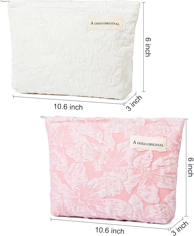 SOIDRAM 2 Pieces Flower Makeup Bag Large Floral Cosmetic Bag Capacity Canvas Travel Toiletry Bag Organizer Cute Makeup Brushes Aesthetic Accessories Storage Bag for Women, Flower L White Pink