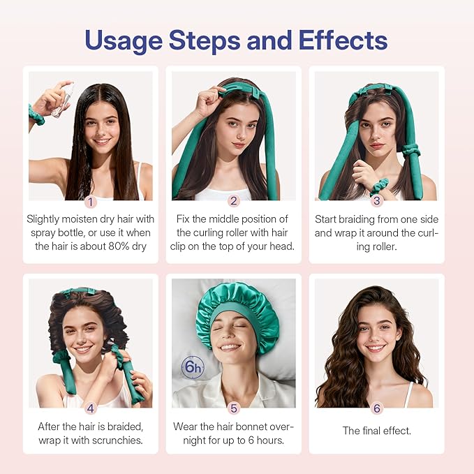 LitBear Heatless Curls Overnight, 2 Sizes of Soft Hair Rollers for Women with Bonnet to Sleep In, No Heat Hair Curlers Set with Scrunchies and Clips, for Long and Medium Hair (Green)