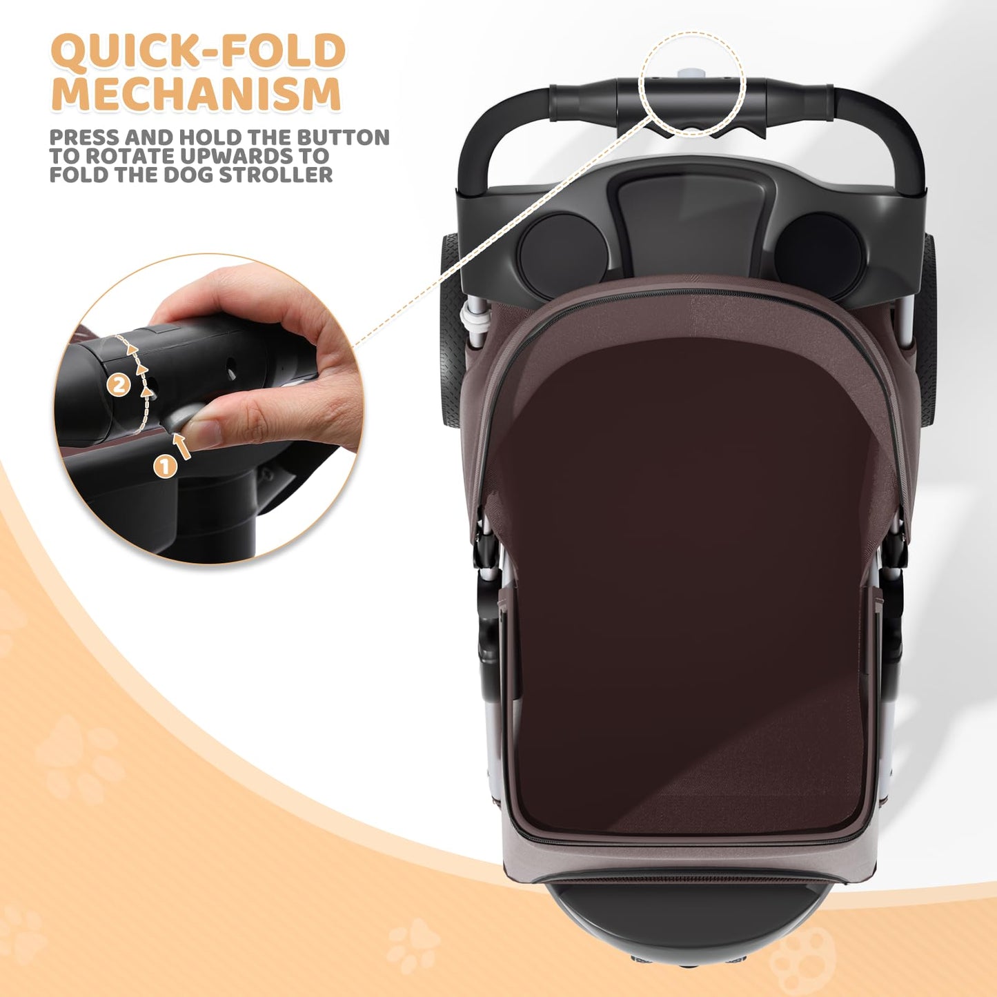 Magshion 3-Wheel Pet Stroller, Foldable Travel Jogger for Small & Medium Dogs & Cats (Up to 33lbs), Lightweight Carrier with Breathable Mesh Cover, Cup Holder & Storage Basket, Coffee