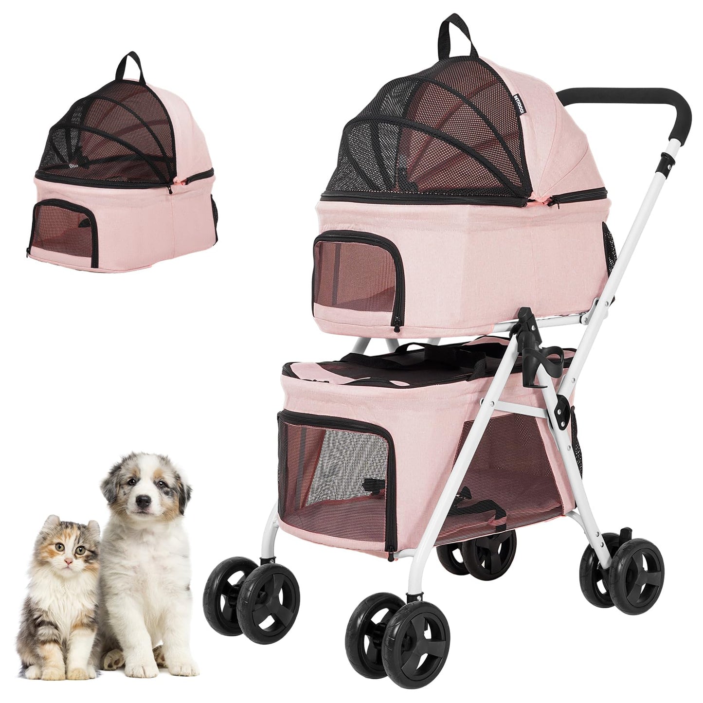 BETSOCCI Double Dog Stroller with 2 Detachable Carrier, Portable Pet Stroller for Small Dogs & Cats Folding Lightweight Puppy Travel Carriage, 4 Wheels, Pink