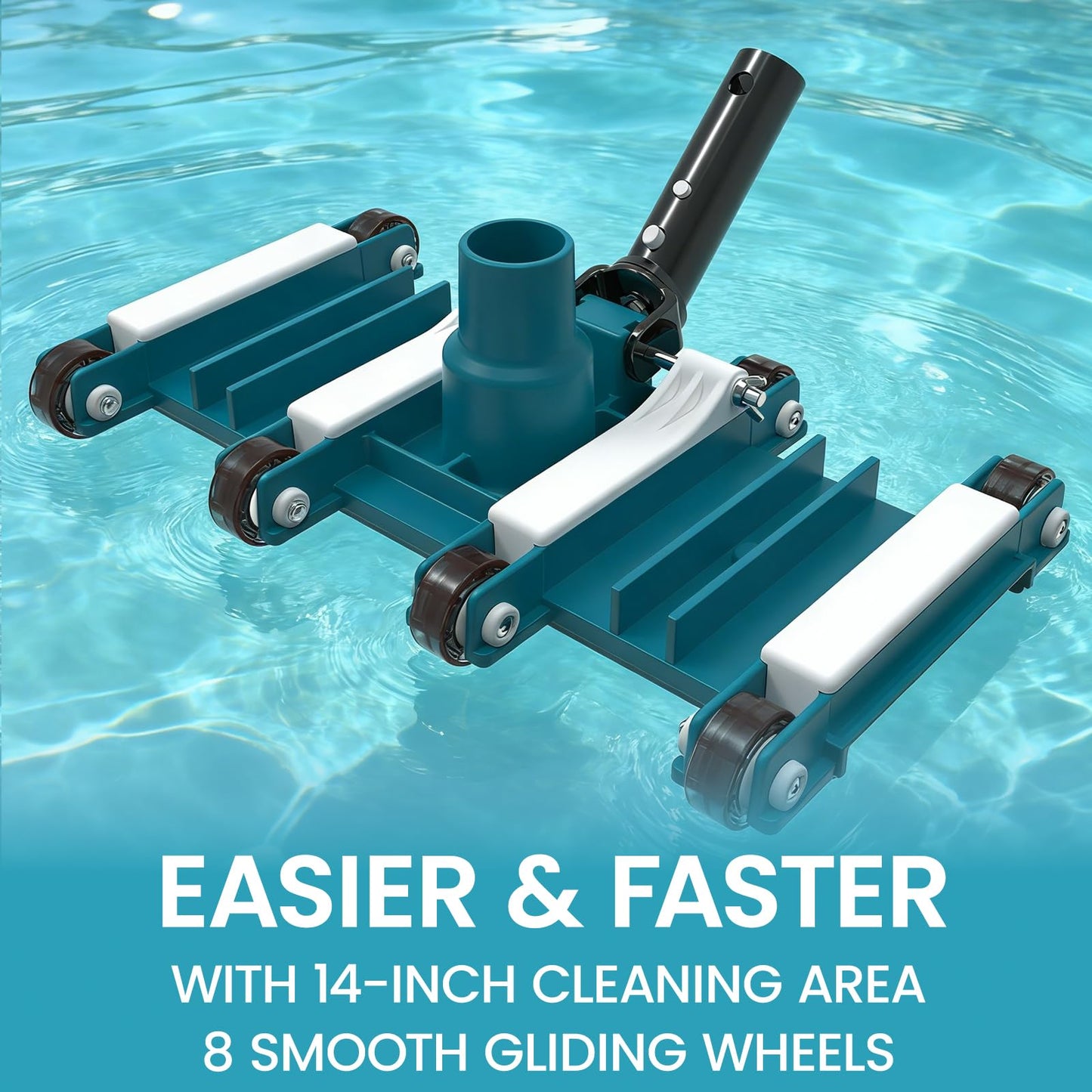 POOLWHALE 14" Flexible Pool Vacuum Head with Wheels, Swivel Direction-Control Handle for Inground & Above Ground Pools Clean Remove Debris