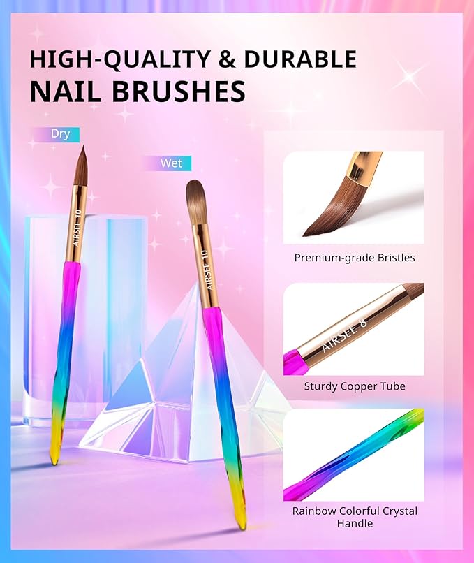 AIRSEE 3PCS Acrylic Nail Brush Set Size 8/10/14 Professional for Acrylic Application, Nail Extension, 3D Carving 3A+ Nylon DIY Salon Home, Colorful
