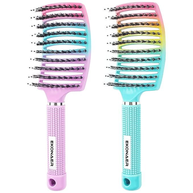 2 Pack Detangling Brush Getting Knots Out without Pain Adds Shine and Makes Hair Smooth,Detangler Boar Bristle Hair Brush for Adult & Kids Wet or Dry Hair(Green&Pink)