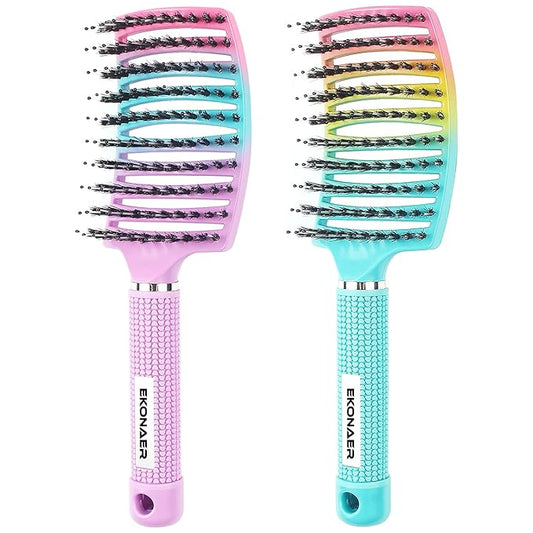 2 Pack Detangling Brush Getting Knots Out without Pain Adds Shine and Makes Hair Smooth,Detangler Boar Bristle Hair Brush for Adult & Kids Wet or Dry Hair(Green&Pink)